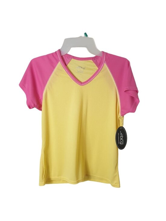 bcg Tops - BCG Girls Athletic Top M Yellow Pink V-Neck SS Casual Sporty Workout Athleisure
